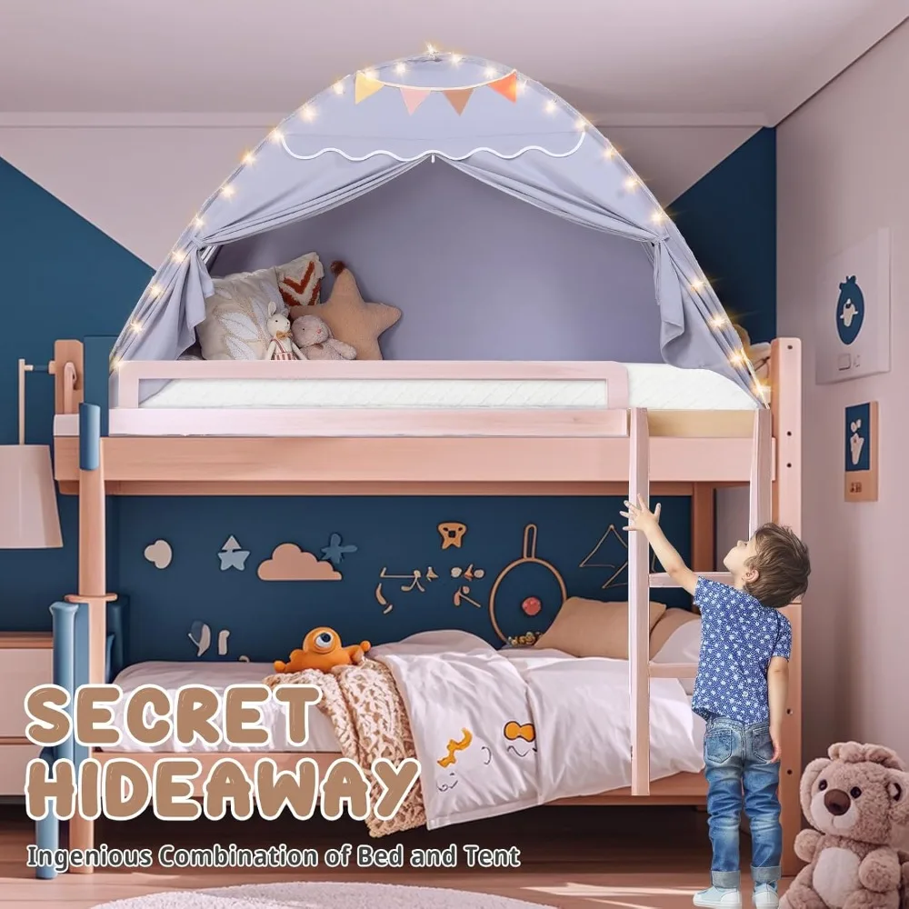 Tenda Tempat Tidur Balita Sumbababy: Lampu & Bendera, Tenda Tempat Tidur Lantai Dalam Ruangan untuk Anak-Anak - Rumah Bermain Portabel & Lipat, Tirai Tempat Tidur Tingkat Twin