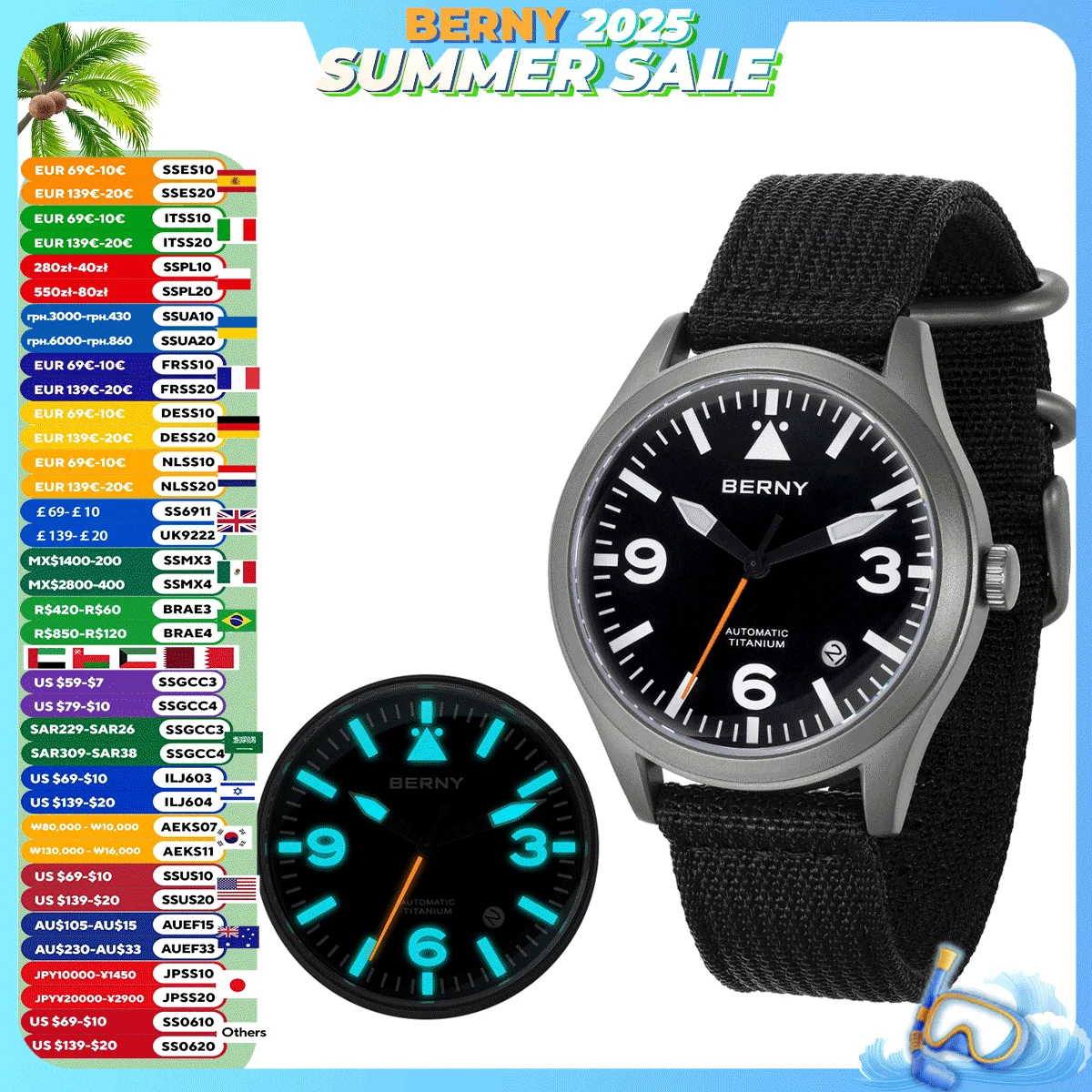 

BERNY Pilot Titanium Automatic Watch for Men Sapphire AR Coated 10Bar Supper Luminous Men Wristwatch Sports Aviation Men Watches