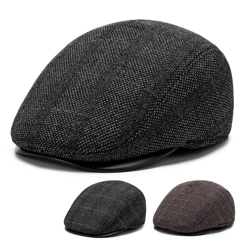 Autumn and Winter Men\'s Beret Warm Protective Ear Tweed Cap Sunshade Cotton Cap Octagonal Cap Old Man Forward Cap Painter\'s Cap