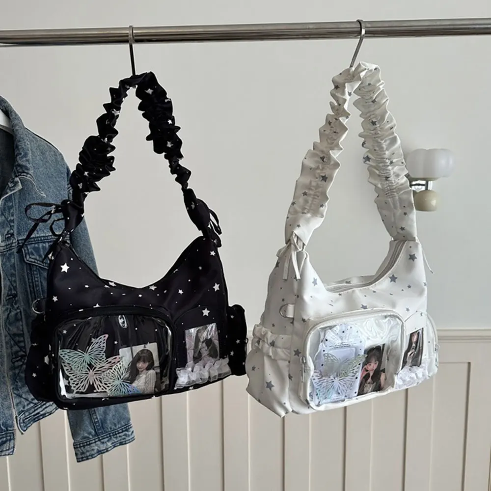 Star Print Itabag Transparent Window Hobo Bag Ruffle Pleated Shoulder Strap Purse Kpop Idol Photocard Display Bag Casual Bag
