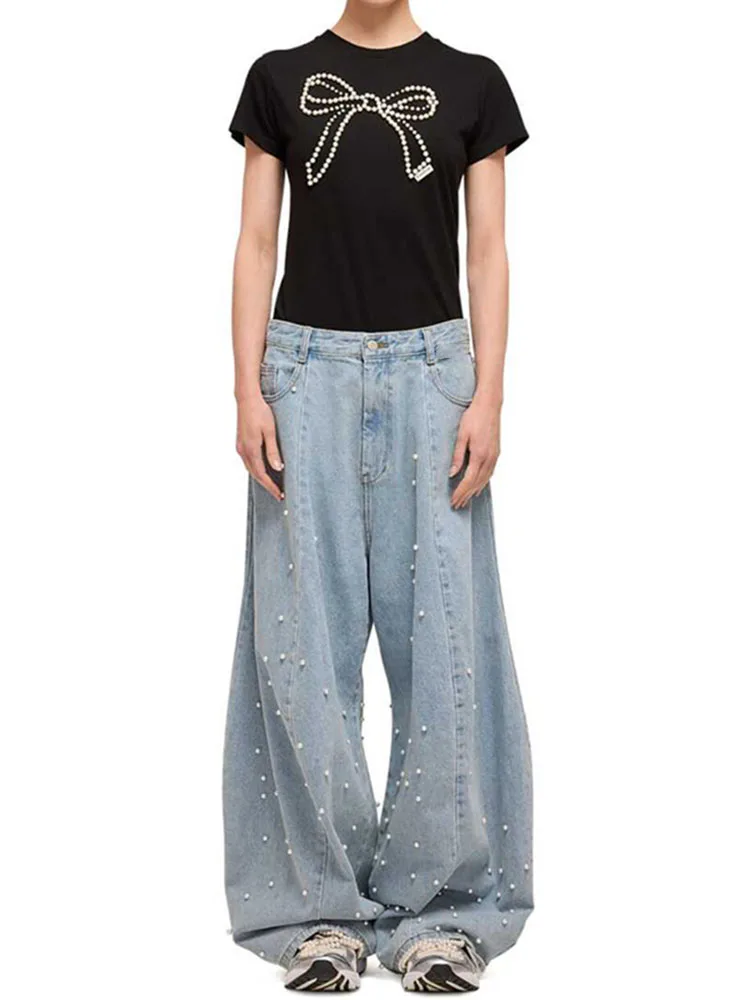 

Woman clothing y2k spring and summer cotton pearl jeans high-waisted machete wide-leg pants 2025 fashion new large femme pants