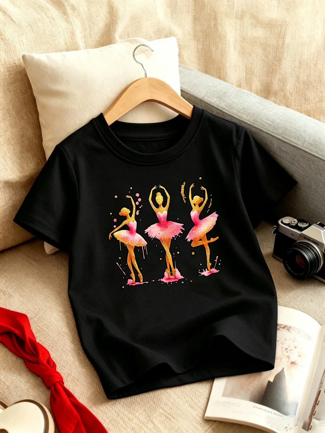 Glitter Three Ballerinas Cartoon Kids T Shirt Boys Girls Short Sleeve Crew Neck Cotton Parent Matching Tops Toddler Youth