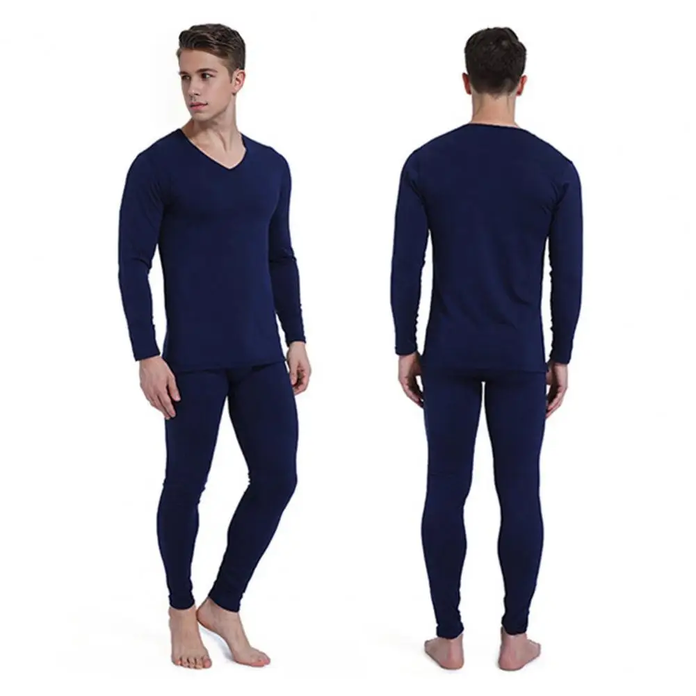 Heat Retention Pajamas Men's Winter Thermal Underwear Set Plush Lined V Neck Pajamas for Cold Weather Seamless Long Sleeve