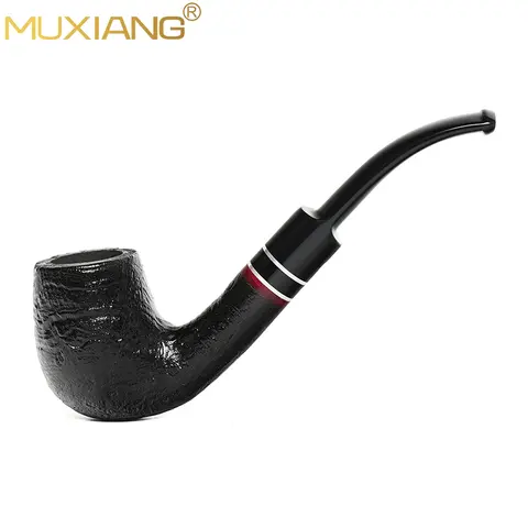 MUXIANG Black Sandblasted Briar Wood Pipe Curved Silver Double Ring Saddle Stem 9mm Filter Bent Billiard Style Tobacco Pipe