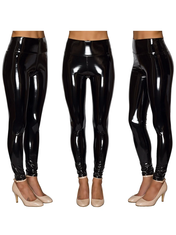 New Women Black Pencil Pants Shiny Leather PU Sexy Leggings Elastic High Waist Slim Skinny Trousers Stretchy Fashion Casual