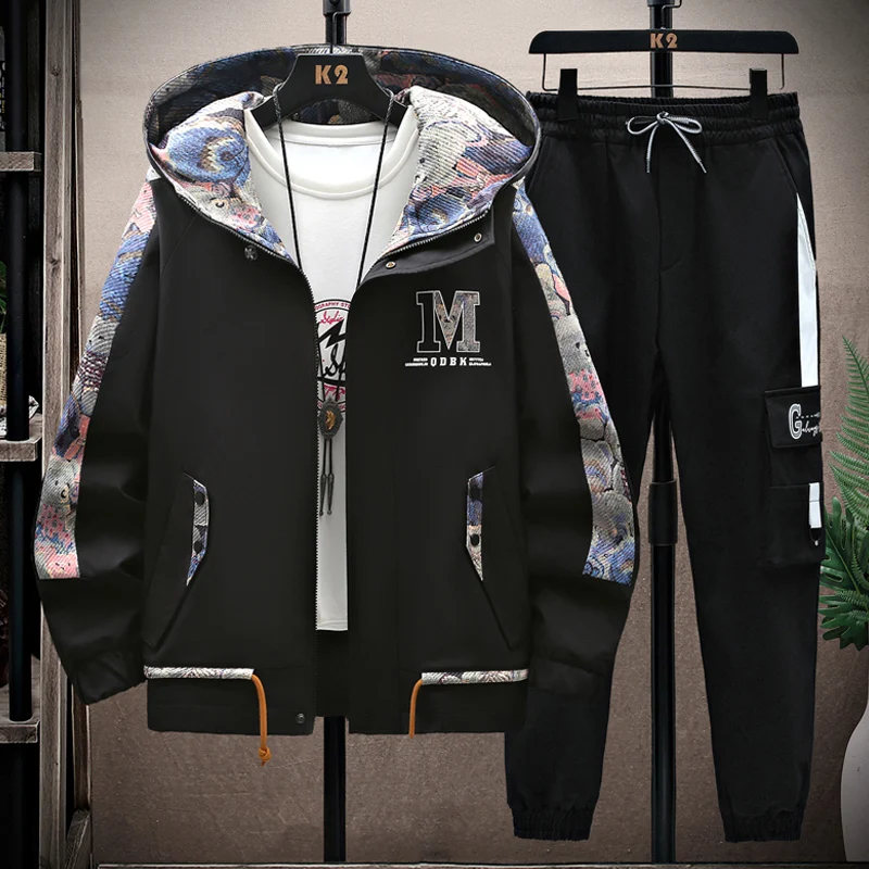 Spring Autumn Men Tracksuit Casual Joggers Hooded Sportswear Jackets Pants 2 Piece Sets Hip Hop Print Sports Suit