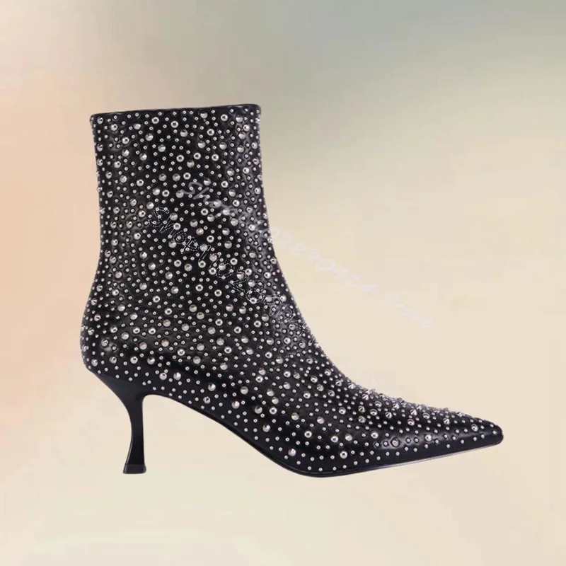 Rhinestone Decor Black Mid Calf Pointed Toe Boots Side Zipper Women Shoes Thin High Heels Fashion Party 2024 Zapatos Para Mujere