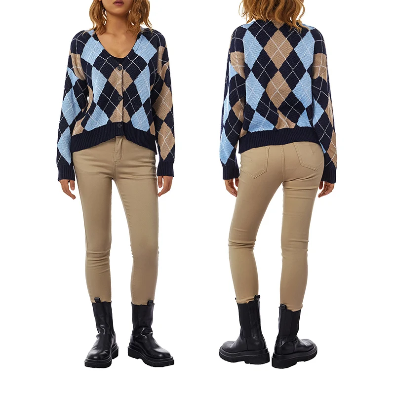 

Women Color Block Sweater Adults Button-down Argyle Print Long Sleeve V-neck Knitted Cardigan