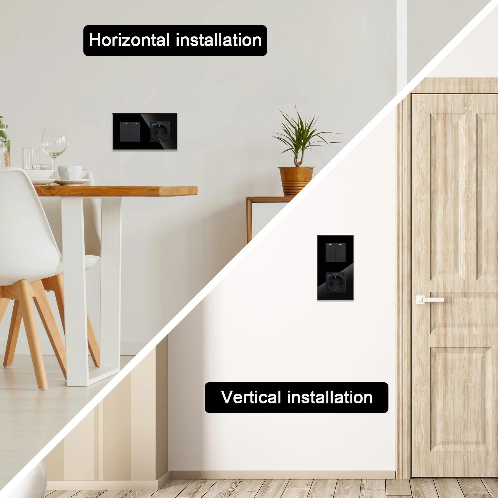 Bingoelec USB Type-C Electrical Sockets and Button Switches EU RU Standard 1gang 1/2way Light Switches with Crystal Glass Panel