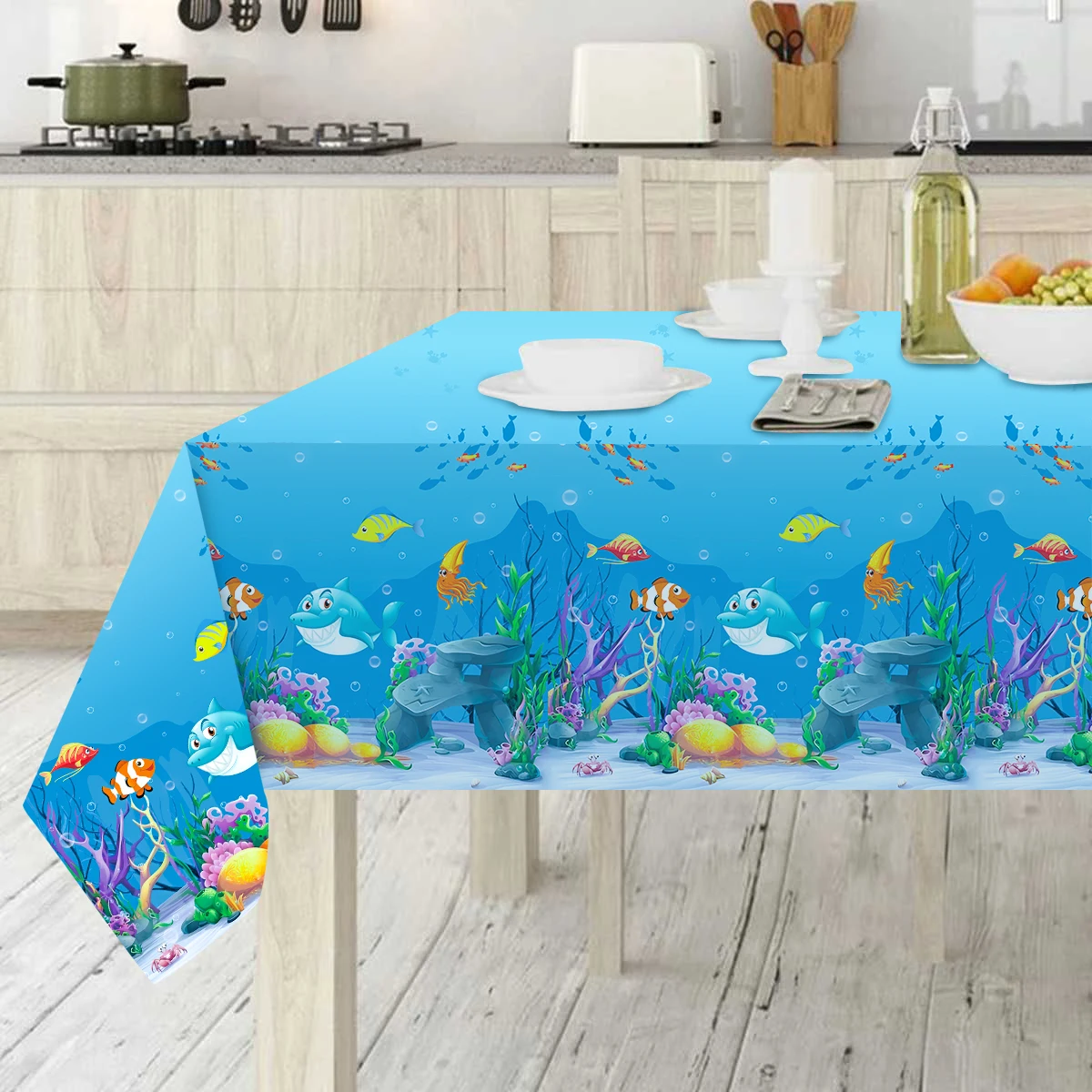 Marine Organism Printed Tablecloth Underwater World Birthday Party Decoration Kid Under the Sea Ocean Party Supplies Table Cloth