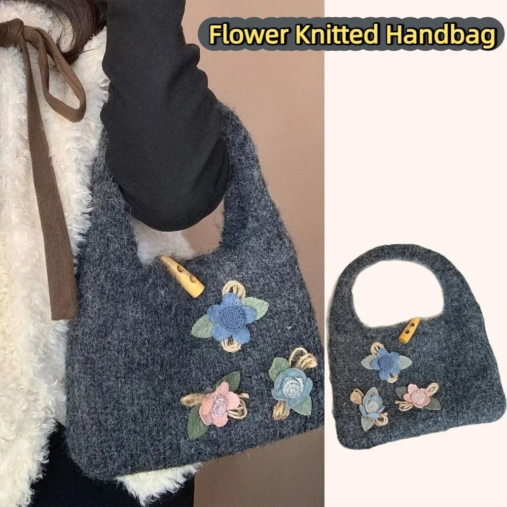 

Fashion Flower Knitted Handbag Multicolor Horn Button Knitted Wrist Bag Retro Large Capacity Phone Bag Travel