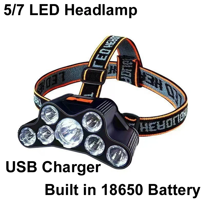 

5/7 LED Headlamp USB Rechargeable Strong Head Light Lamp Headlight Outdoor Camping Fishing Flashlight Built in 18650 Battery