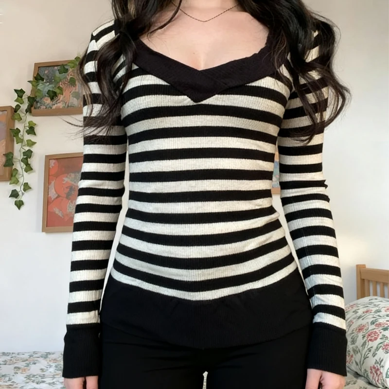 

Preppy Y2K Эстетический коттедж Тонкие джемперы Футболка в стиле гранж Винтаж Черный полосатый вязаный свитер Женские пуловеры с v-образным вырезом Футболки Топы