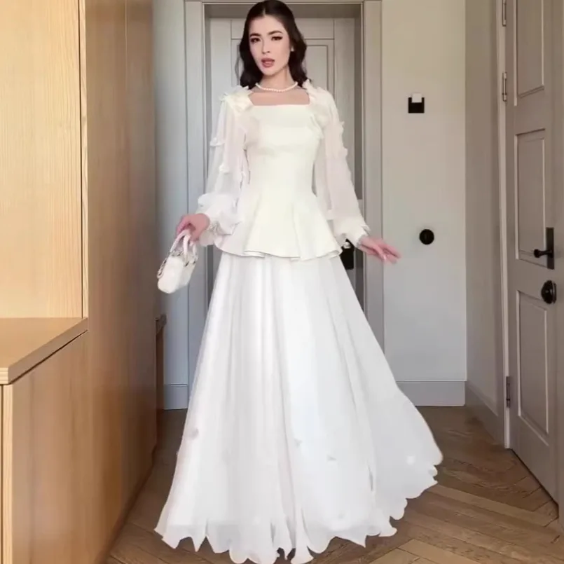 

Elegant Party Wedding Guest Evening Gown Dress Suit Women Puffy Long Sleeves Sweet Square Collar Top And High Waist Skirt Set