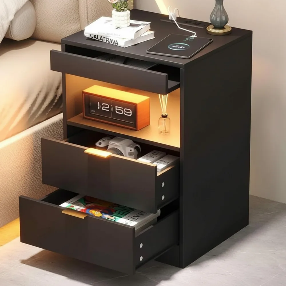 

Современная светодиодная тумбочка с зарядной станцией, 2 ящиками и выдвижной полкой, многофункциональная прикроватная тумбочка для спальни, гостиной