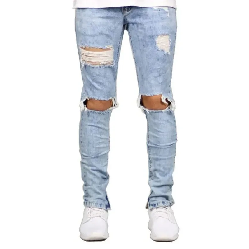 

Pop European And American High Street Men's Fashion Ripped Jeans With Zipper At The Ankle, Slim-fit, Spring And Summer Style.