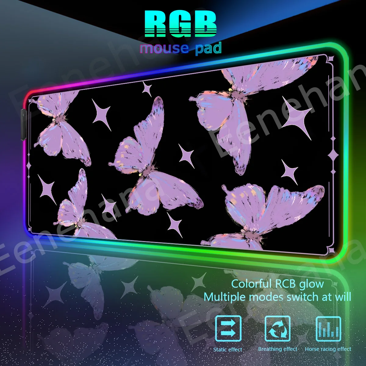 

RGB Purple Butterfly Mouse Pad Xxl Moon Dream Large PC Gaming Computer Keyboard Accessories LED Rubber Base Anti Slip for Gift