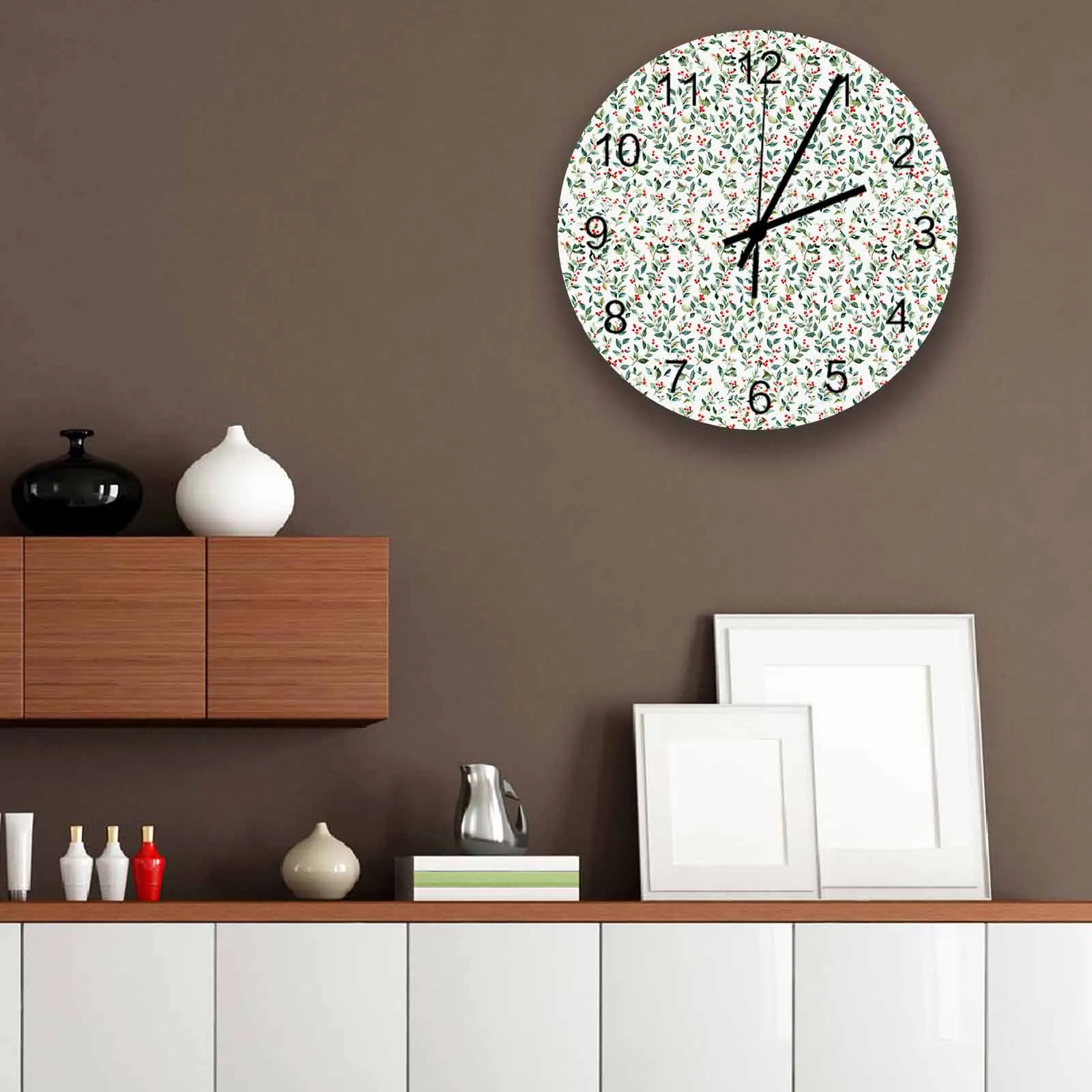 Plants Green Leaves Berries Wall Clock Large Modern Kitchen Dinning Round Wall Clocks Bedroom Silent Hanging Watc