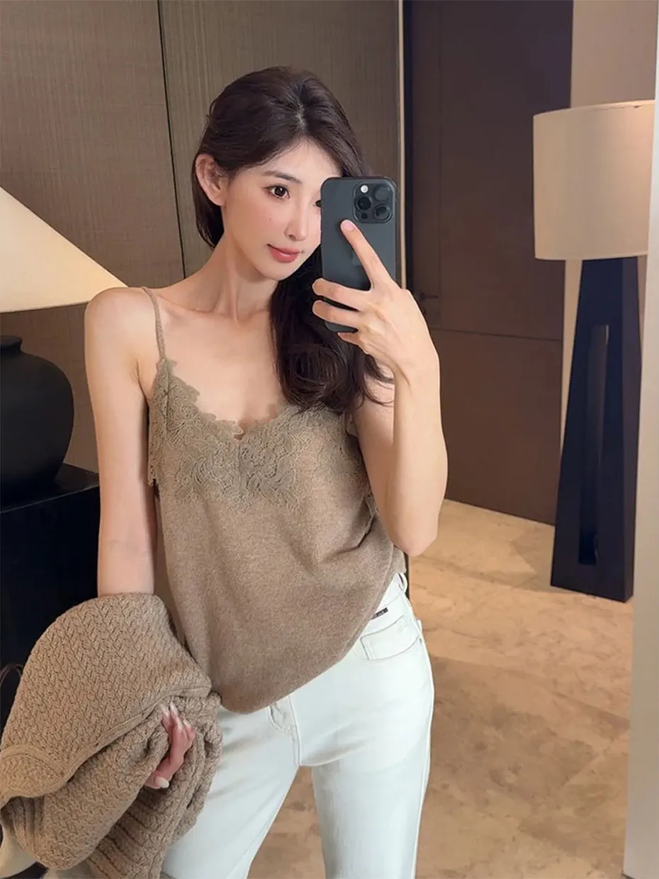 

Women's Slim Fit Knitted Vest Sleeveless V-Neck Lace Trim Belted Top Spring Autumn High-End Feeling Casual Wear Polyester Fiber
