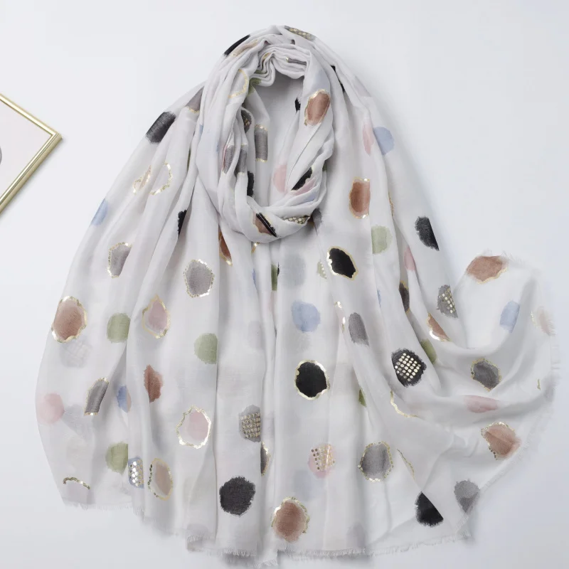 

Золотое тиснение, красочный атласный хлопковый длинный шарф в горошек с принтом, заводская распродажа, внешняя торговля, трансграничная прямая трансляция, путешествия V