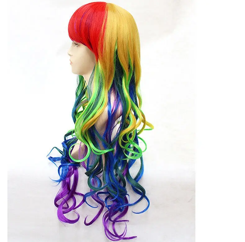 Peruca Longa Encaracolada Multicolor para Mulheres, Cabelo Ondulado, Festa Perucas Completas, Boné Ladies