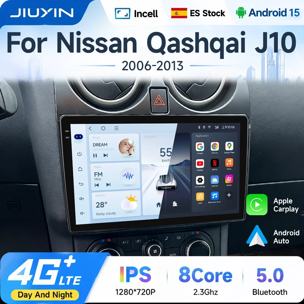 JIUYIN 9" Android 15 Auto-Multimedia-Player für Nissan Qashqai 1 J10 2006 - 2013 Radio Wireless CarPlay Video-Player Audio Auto-Stereo GPS-Navigationsbildschirm