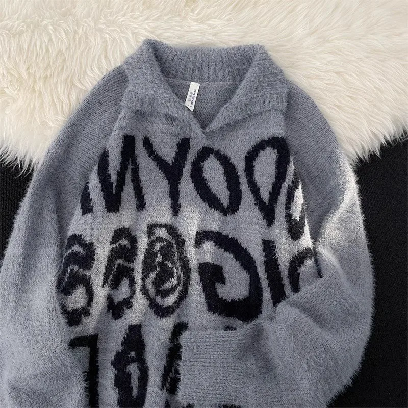 

Свободный крой, трикотаж, мужской, в американском уличном стиле, большой размер, 250 пу, имитация меха, свитер, осень-зима