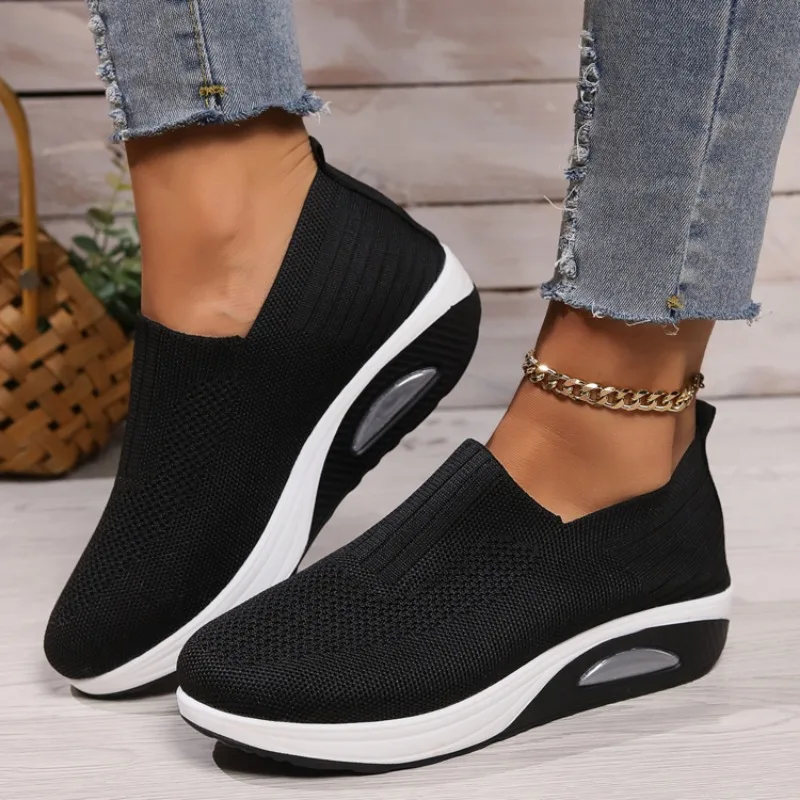 Mocassim de malha respirável para mulheres, tênis antiderrapante, sola grossa, sapato casual para caminhada feminina, novo, primavera e outono, 2022