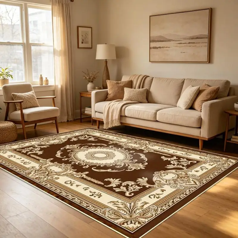 Vintage Pink Brown Floral Area Rug Classic Medallion Design For Bedroom Living Room Home Decor