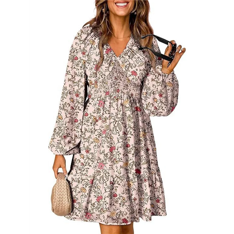 Abiti autunnali da donna Boho floreale scollo a V manica lunga smock elastico in vita casual mini abito a trapezio prendisole