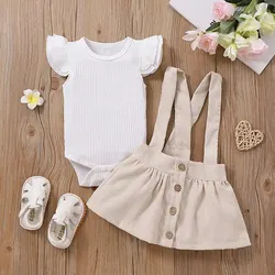 Summer Newborn Girl Solid Pit Striped Fly Sleeved Top Romper Jumpsuit+Knitted Button Strap Skirt