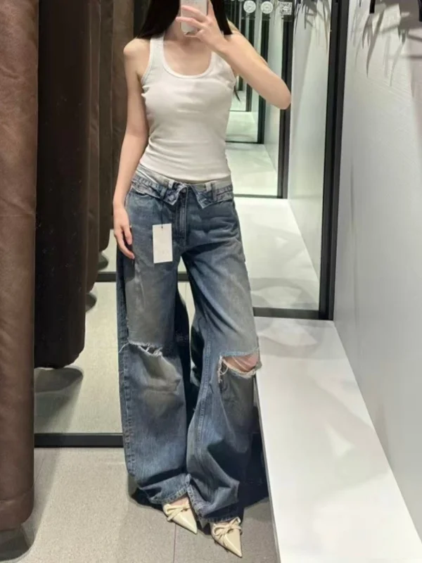 Spring Summer New Style Hot Girl Boyfriend Style Hole mid Waist Washed Commute Casual Flip  Jeans Cotton Natural Waist