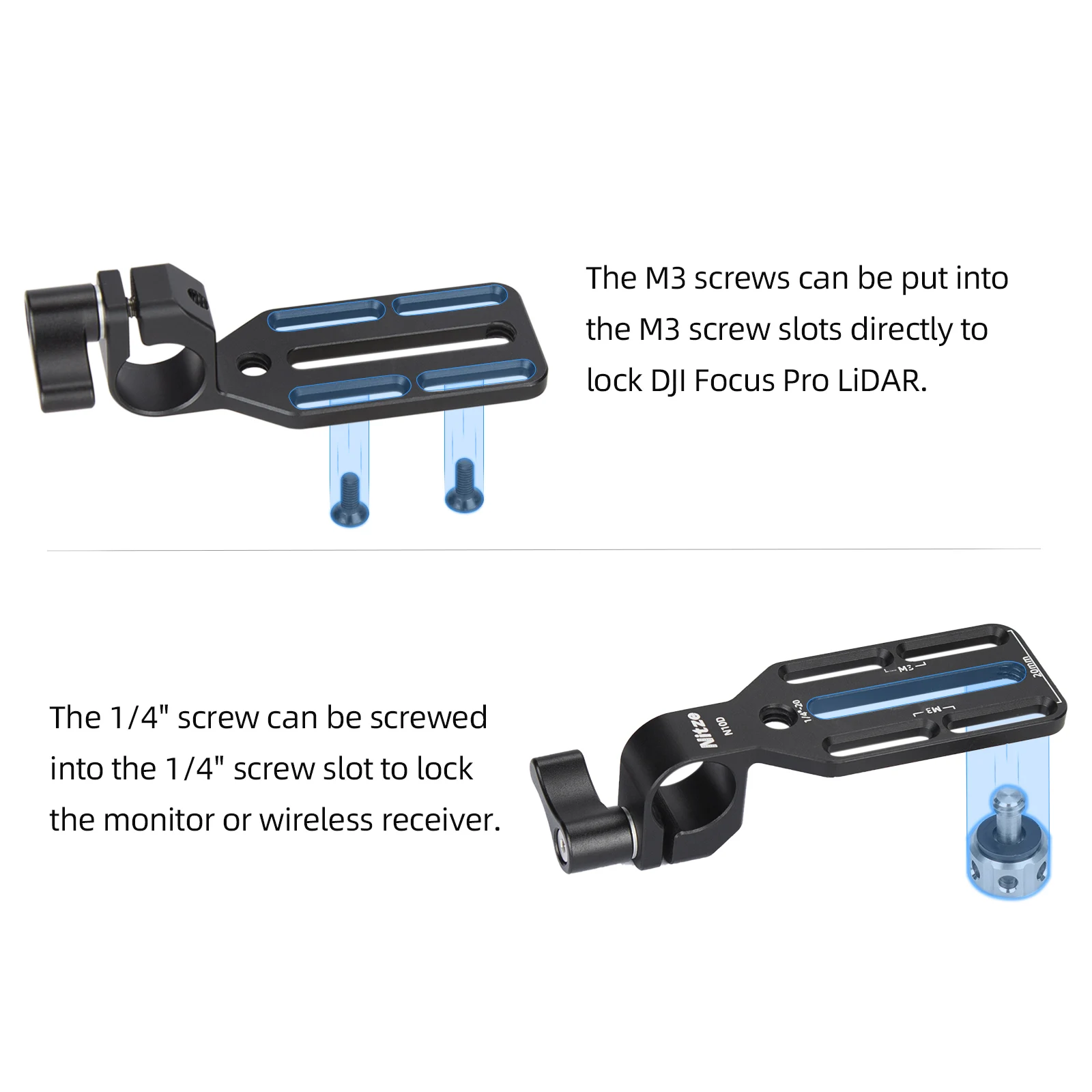 Nitze 15mm Rod Clamp Adapter with Mounting Plate for Monitor, Wireless Transmitter / Receiver and DJI Focus Pro LiDAR