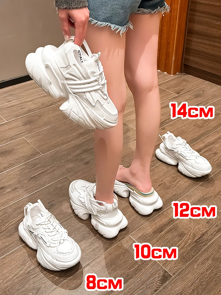 

14cm Platform Sneakers Women Elevator Shoes Increasing Shoe Genuine Leather White Casual Shoes High Quality Chunky Sole Sneakers