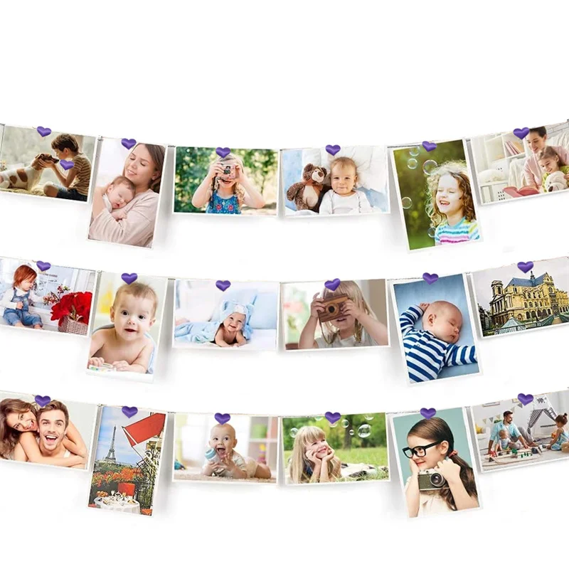 Magnetic Cable Photo Rope String Faric Purple Heart Buckles Wedding Birthday Party Baby Shower Photo Frame Display Decorations