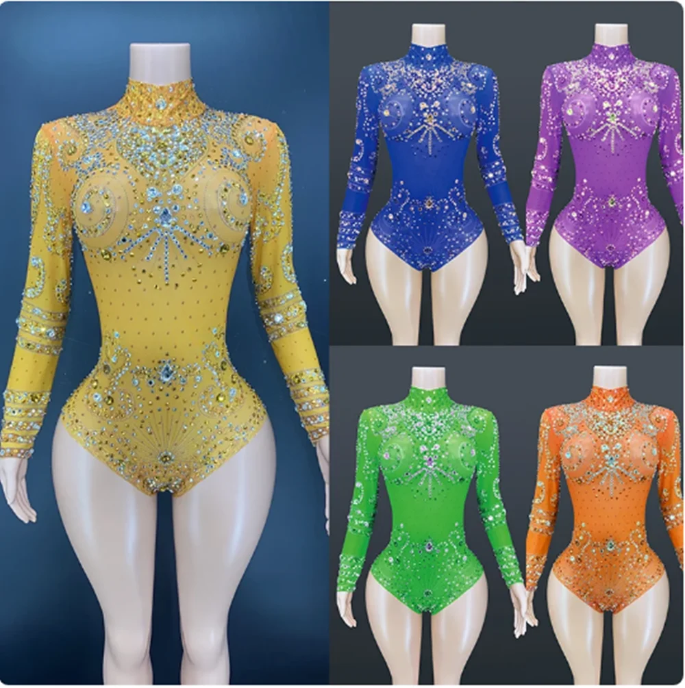 

Multiple Colour Mesh Rhinstone Stretch Bodysuit Pole Dance Costume Adult Women Bar Gogo Dancing Costume Rave Outfit