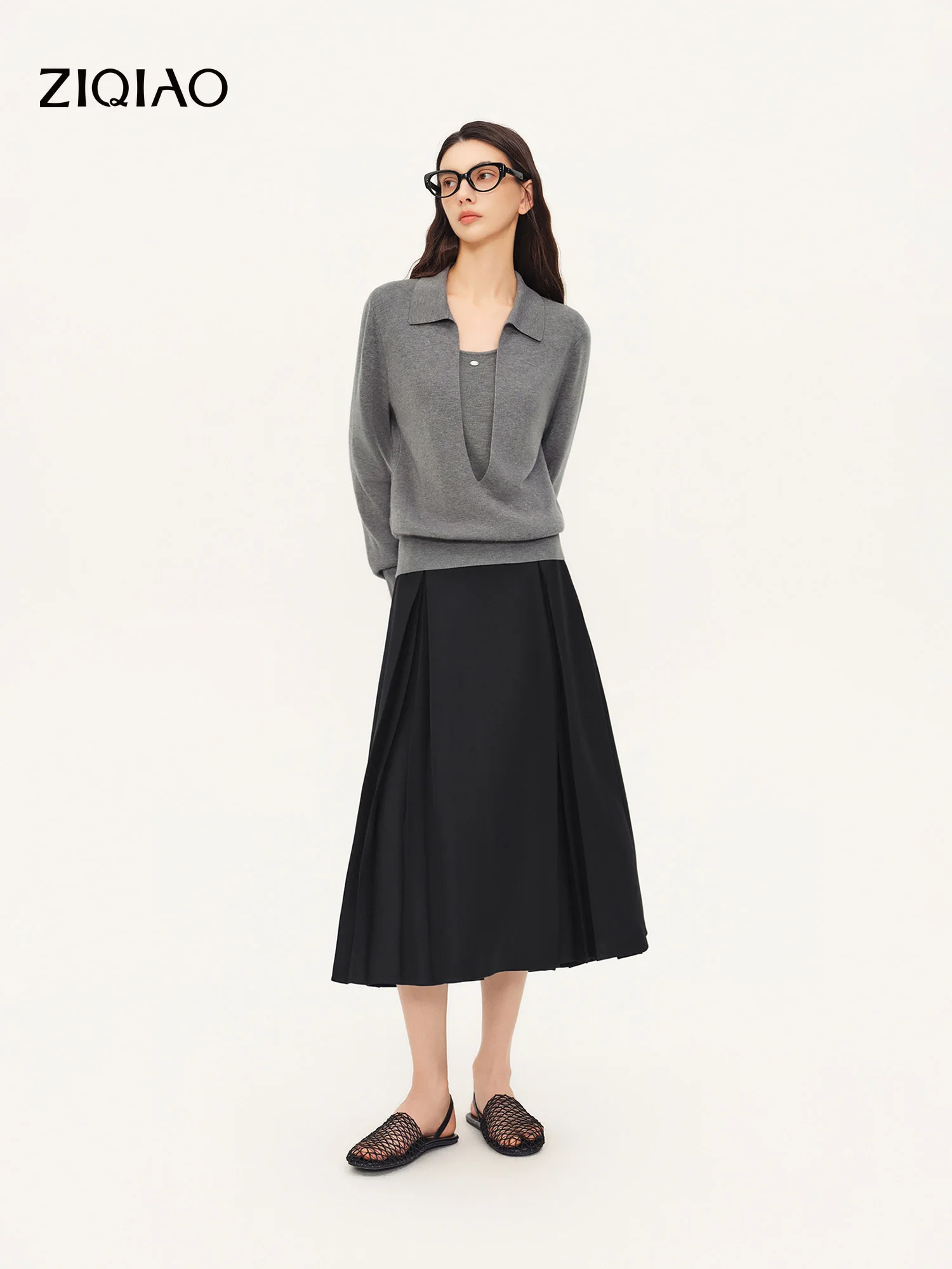 ZIQIAO 2026 Fall Women's Gray A-Line Pleated Midi Skirt - Versatile Two-Way Design for Office Commute and Daily Wear