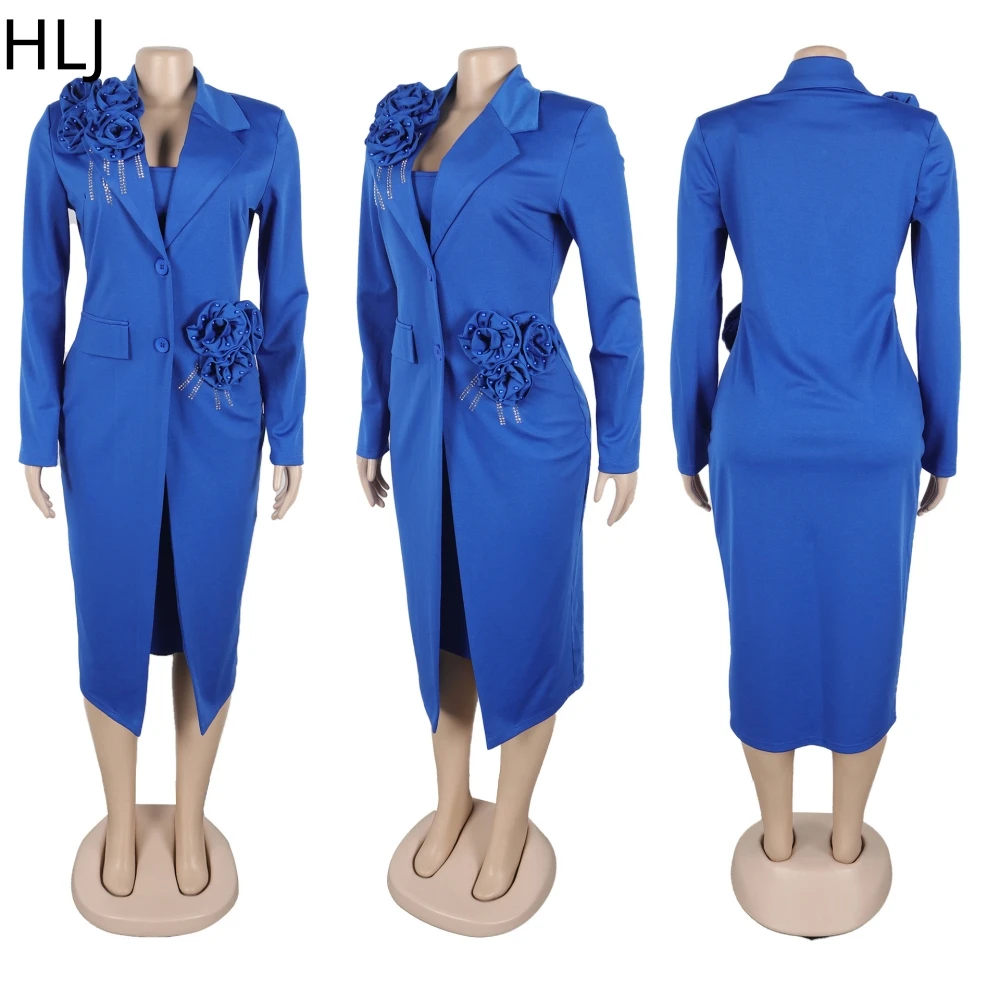 HLJ Elegant Lady Rhinestone Flower Two Piece Sets Women Bodycon Dresses And Long Sleeve Coats Outfits Spring New OL 2pcs Clothes