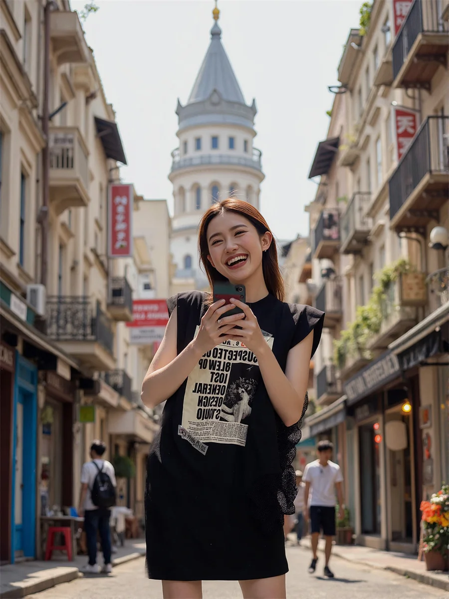 Women'S Dress Harajuku Trend Black Appliques Smocking Shirring Bows Hand-Pleated Ruffles Gathered Fluffy Puff Sleeve Waistband