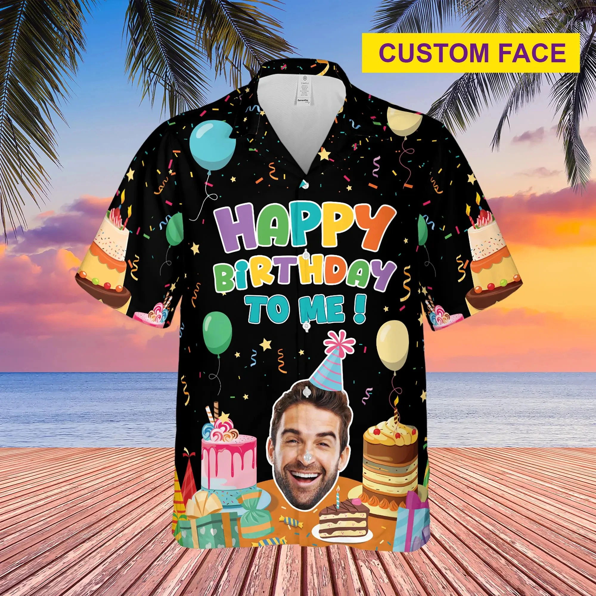Custom Happy Birthday Photo Hawaiian Shirt Men Clothing Beach Shirts Button Down Short Sleeves Diy Ages Face Tropical Blouses