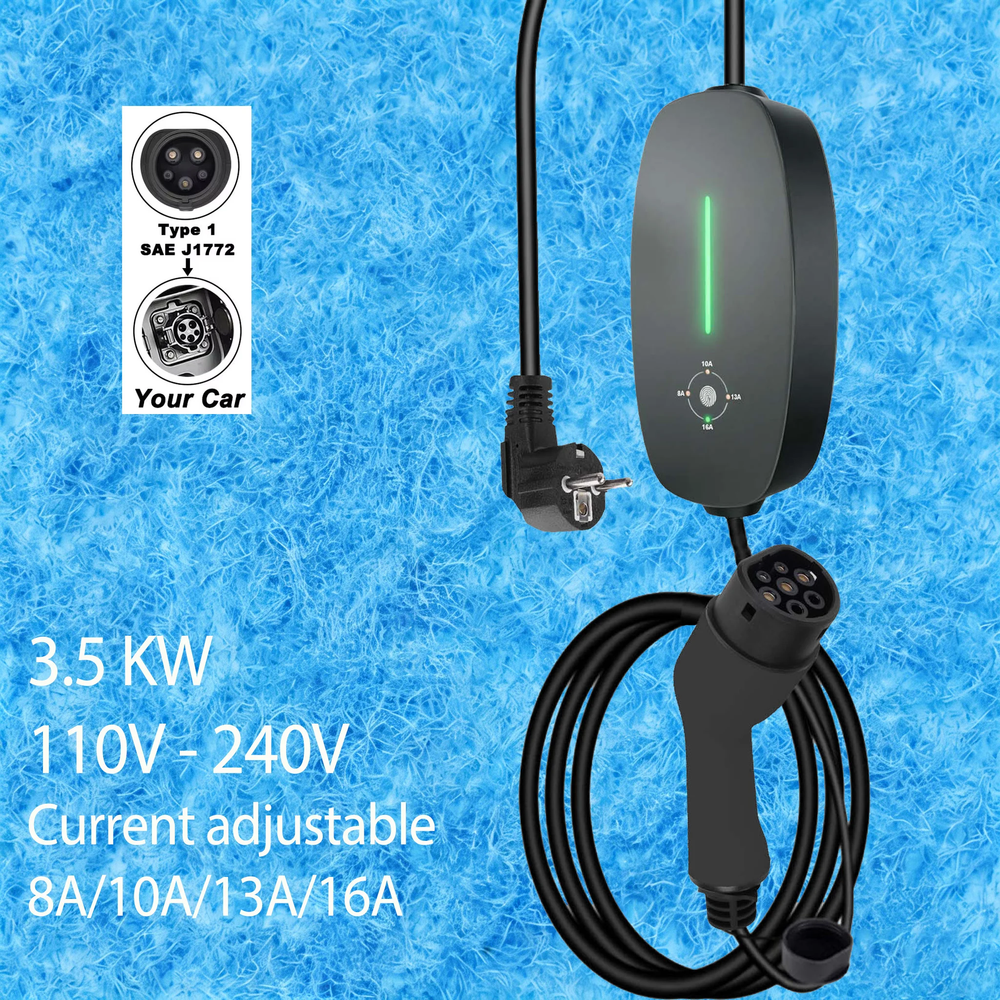 Teschev Typ 2 zu Typ 1 EV-Ladegerät 16A - Tragbares EVSE-Ladekabel mit EU-Stecker, IEC62196-2-konform, Kompatibel mit J1772
