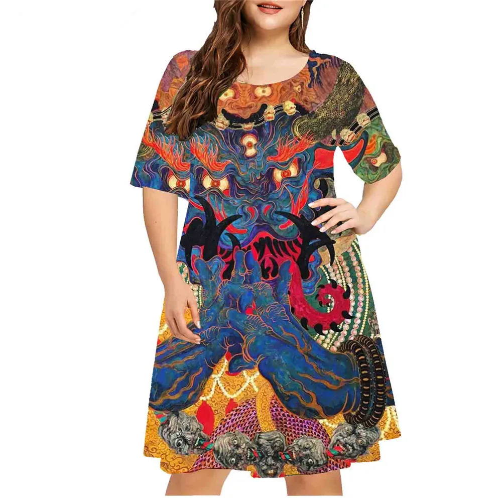 Mulheres com pintura 3D Horror Padrão Vestido, Vestidos de manga curta, solto, Pintura, Linha A, Plus Size, Streetwear Casual, 2024