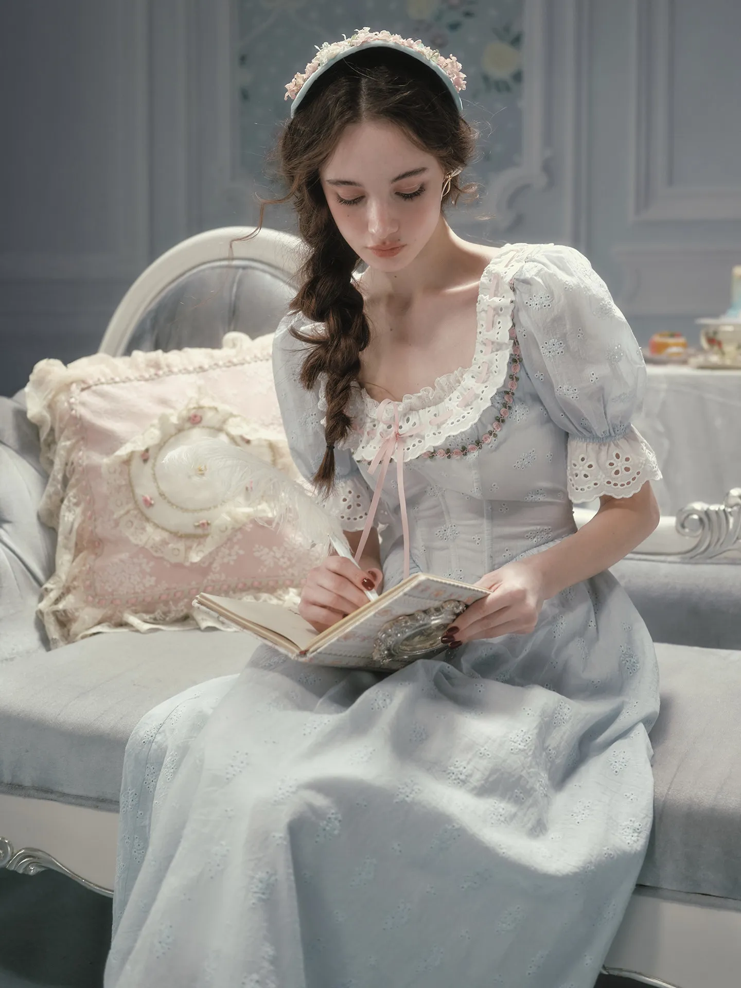 TIYIHAILEY Sommer Damen Kleid Kurzarm Lang Mittelkalb Damen 100 % Baumwolle XS-XL Vintage Hohe Taille Stickerei Spitze Blaues Kleid