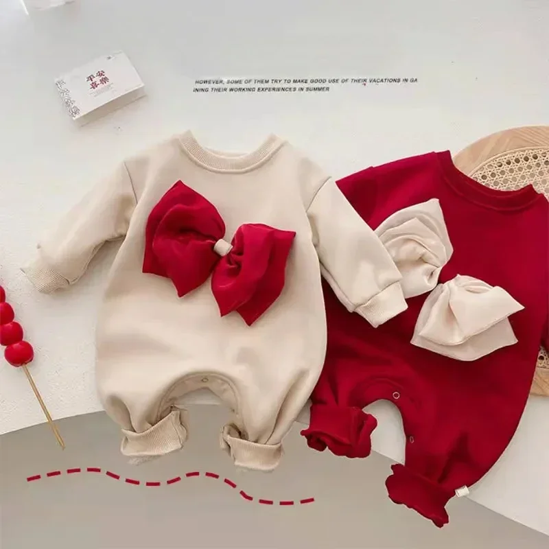 

New Autumn Winter Baby Girl Romper Solid Color Big Bow Long Sleeves Fleece Thick O-neck Jumpsuit Newborn Clothes E3800