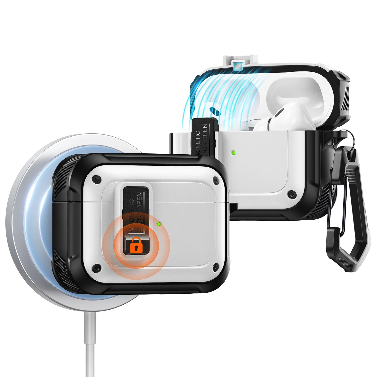 

Magnetic Charging Security Lock Cover Case for AirPods Pro 1 2 and AirPods 3 4 2021 2024 with Locking Clip Shockproof Keychain