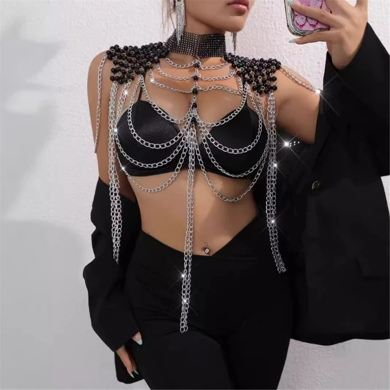 Women Pearls Beaded Shoulder Chain Necklace Layered Metal Chain Tassels Body Jewelry Shawl Camisole Top Body Accessory