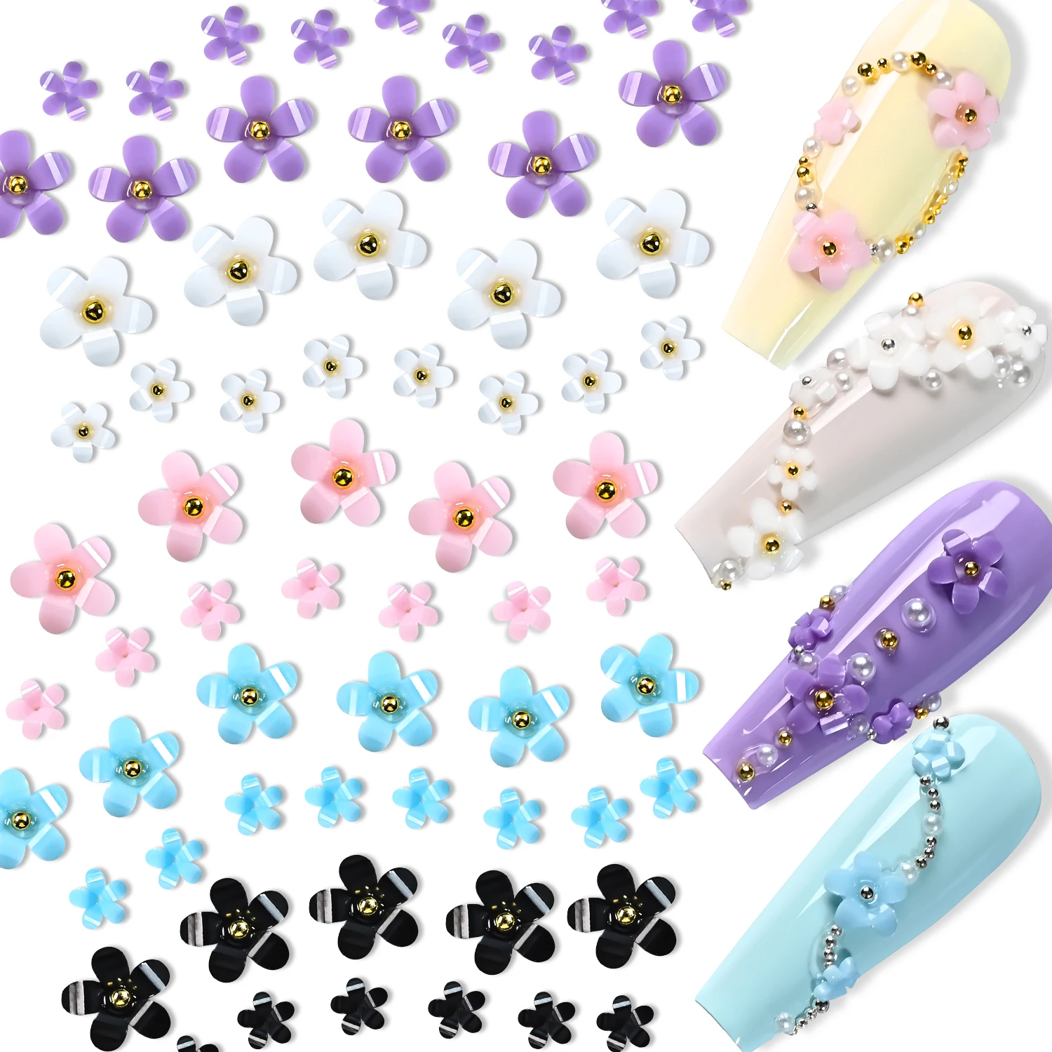 200Pcs/Bag 3D Pink White Acrylic Flower Nail Charms with Gold Caviar Beads Nails  Art Decorations Five-Petals Manicure Accessory - view 3