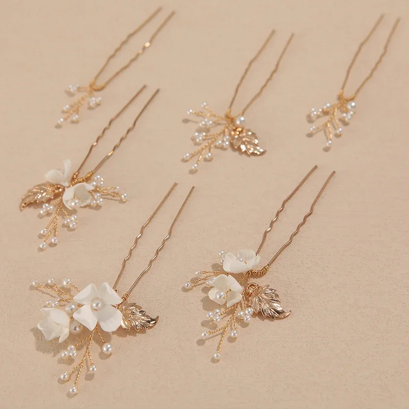 Delicate Ceramic Flower Pearls Hair Pins Set Bridal Piece Fashion Wedding Prom Girls Bobby Pin  Jewelry