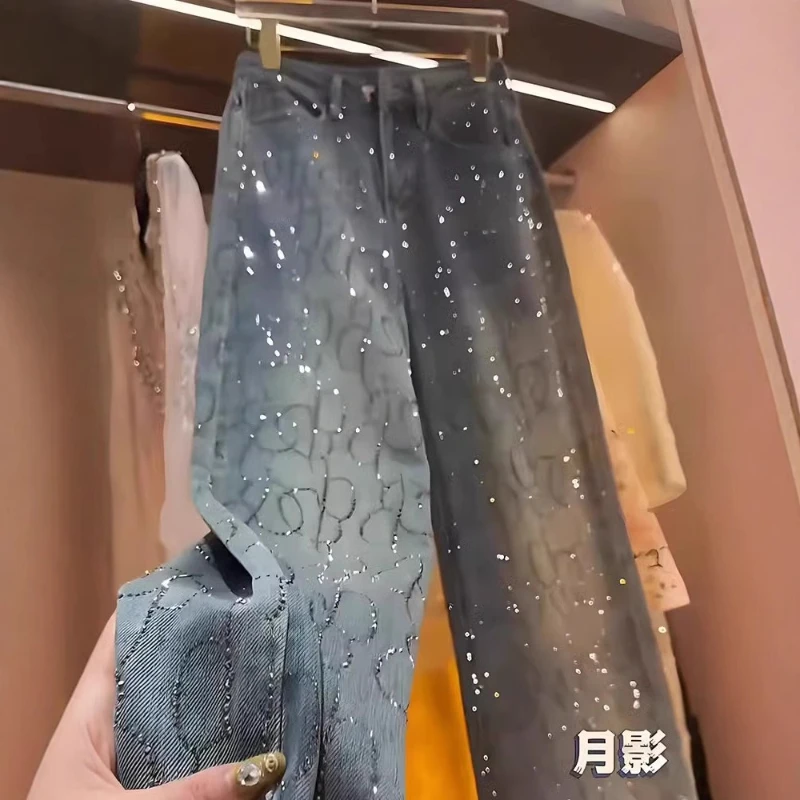 Spring 2025 New Trousers Heavy-duty High-end Versatile High-waist Slimming Straight-leg Pants Blue Two-tone Ironed Diamond Jeans