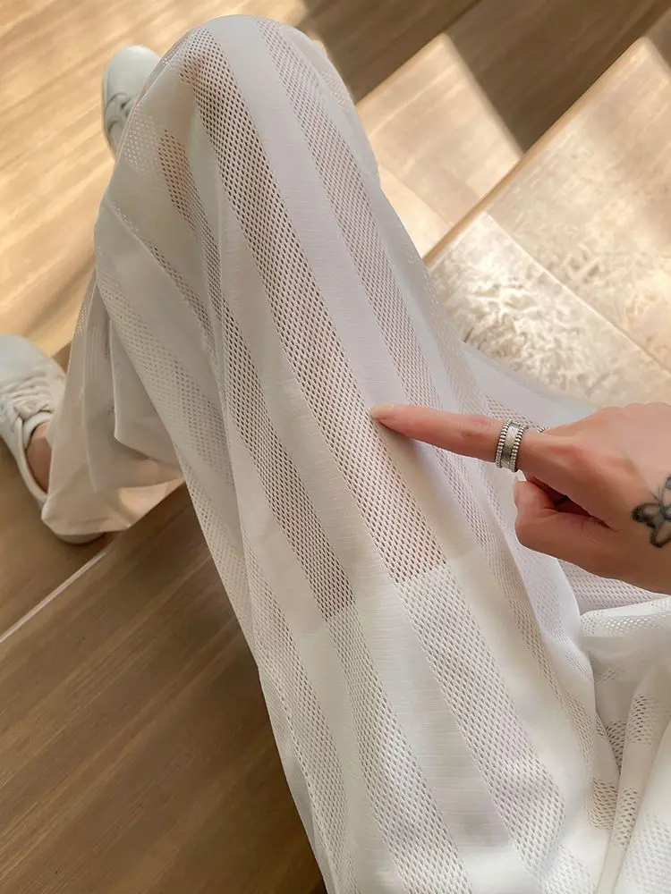 Ice Wire Mesh Wide-leg Women's Summer Thin Style 2025 New Sun Protection Cool Chiffon Slit Straight Casual Pants